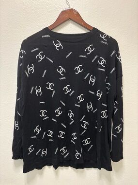 CHANEL Black Top with White CC Logo Allover
